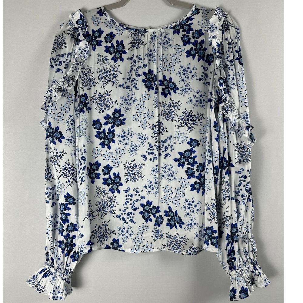 LOFT Blouse XS White Blue Floral Paisley Ruffle Long Sleeve Cottagecore Boho
